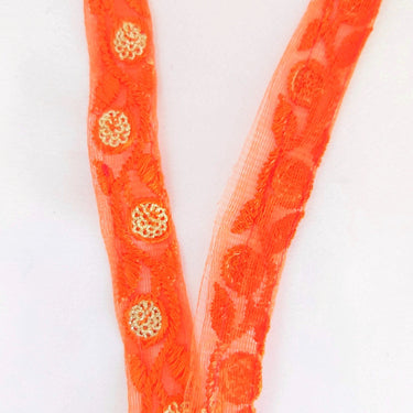 Wholesale Orange Net Lace Trim Floral Embroidery & Glitter Gold Sequins, Indian Wedding Border, Gifting Ribbon Costume Trim Fashion Trimming